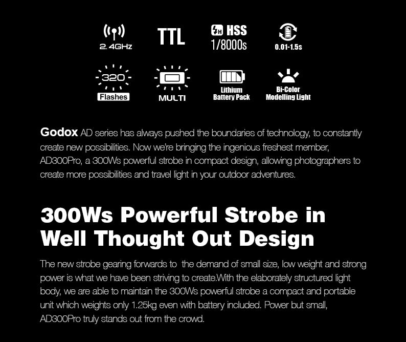 Godox AD300 Pro AD300Pro Flash Strobe Monolight, 300Ws Outdoor Flash, 2.4G  HSS 1/8000s Portable Flash with Godox S2 Speedlite Bracket Compatible for